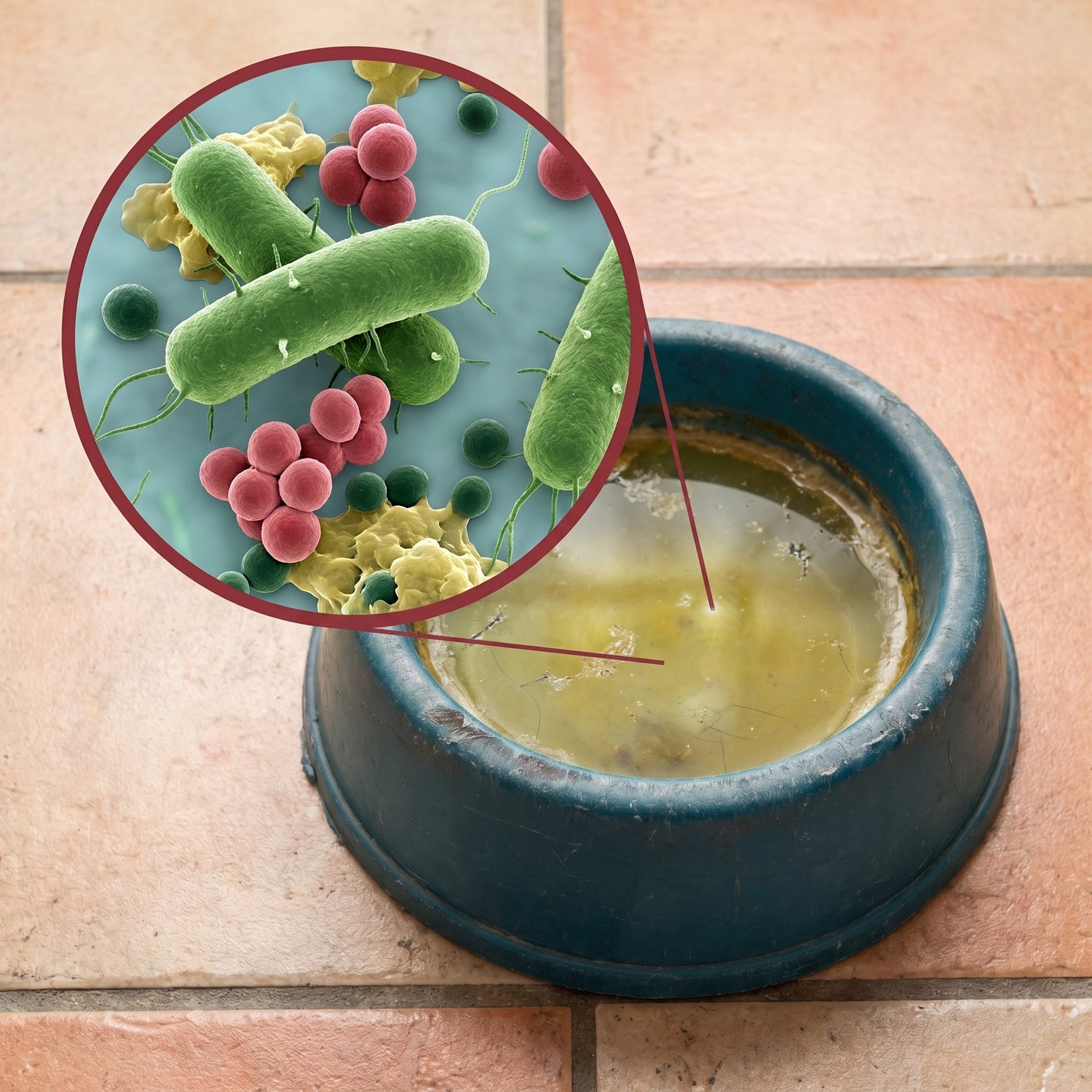 Dirty dog bowl with bacteria magnified