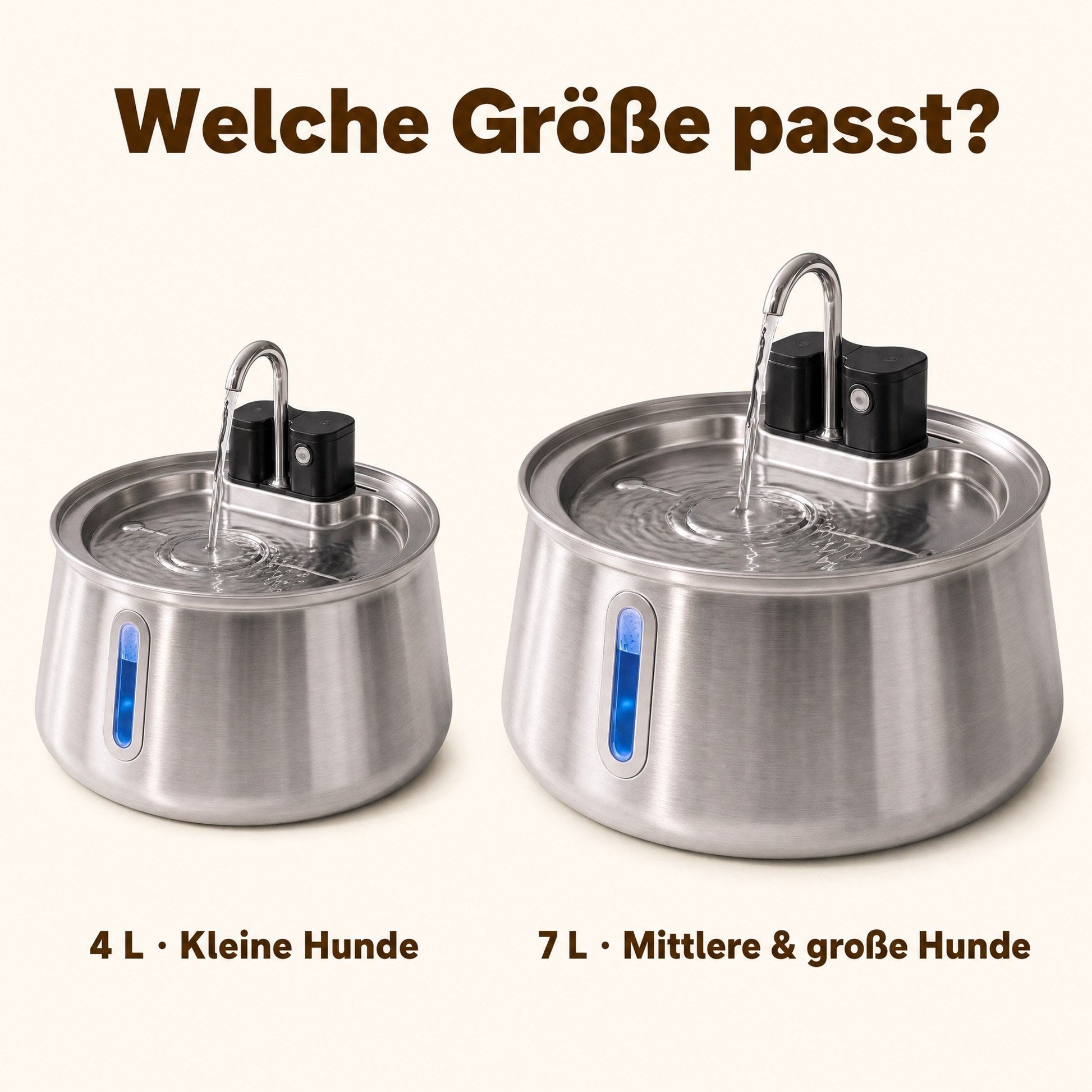 Größenvergleich: 4 Liter für kleine Hunde, 7 Liter für mittlere und große Hunde