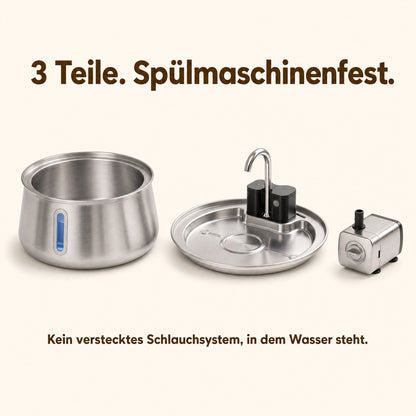 Der Brunnen zerlegt in drei spülmaschinenfeste Edelstahlteile