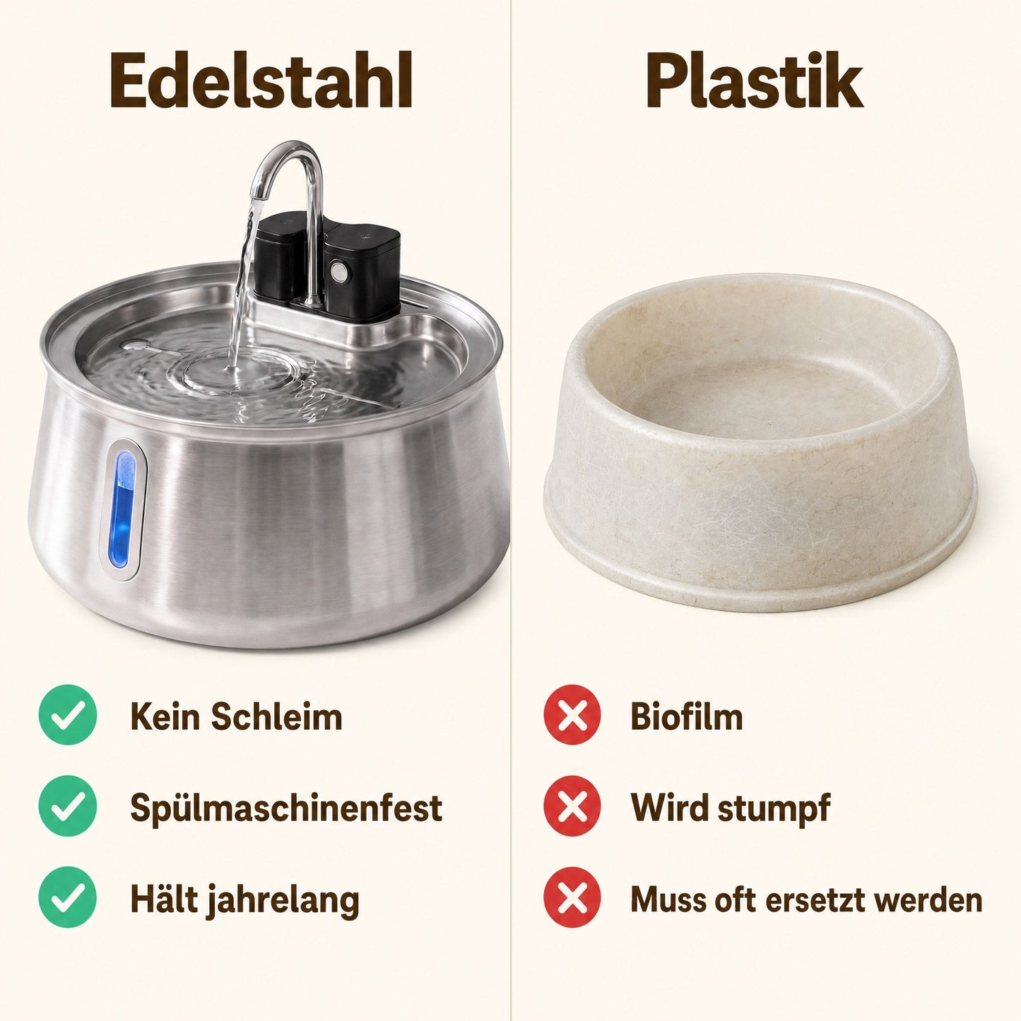 Edelstahl im Vergleich zu einem Plastiknapf