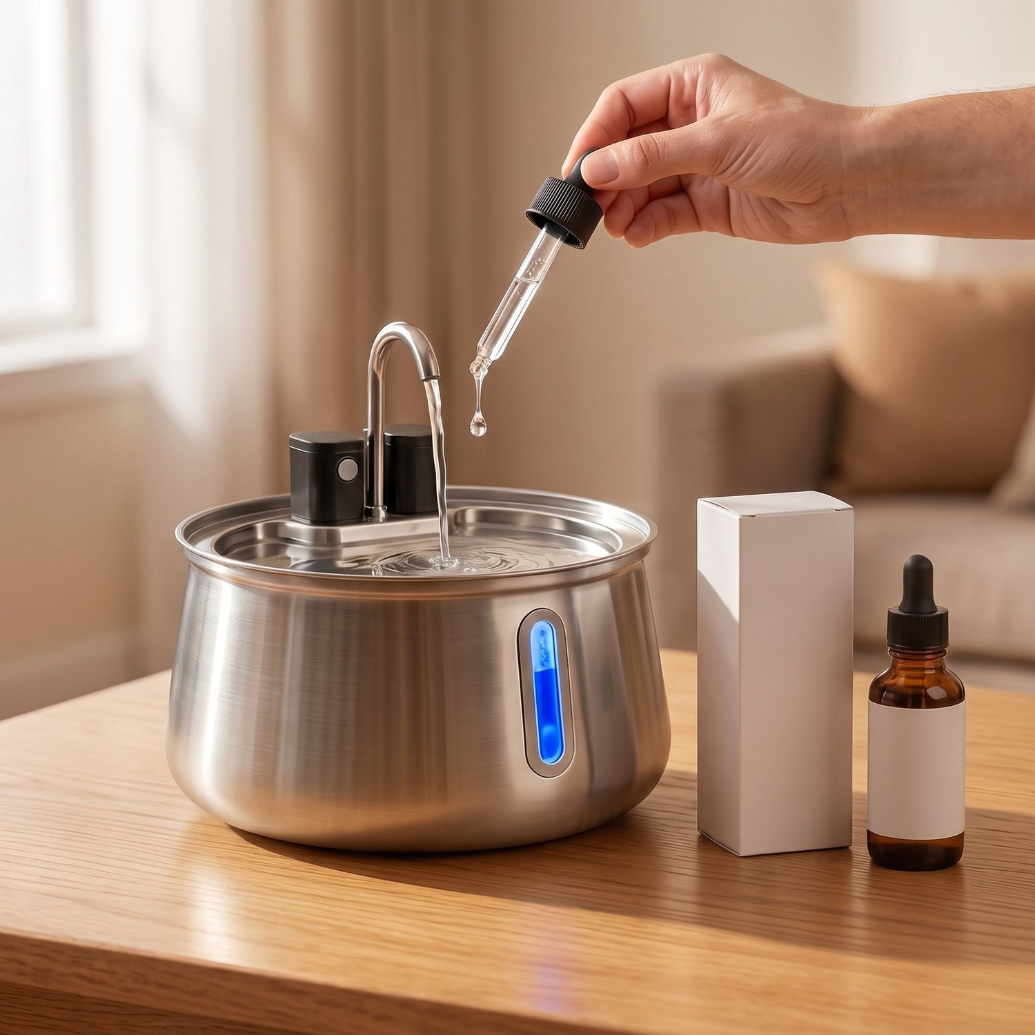 Hand adding dental drops to a stainless steel dog water fountain