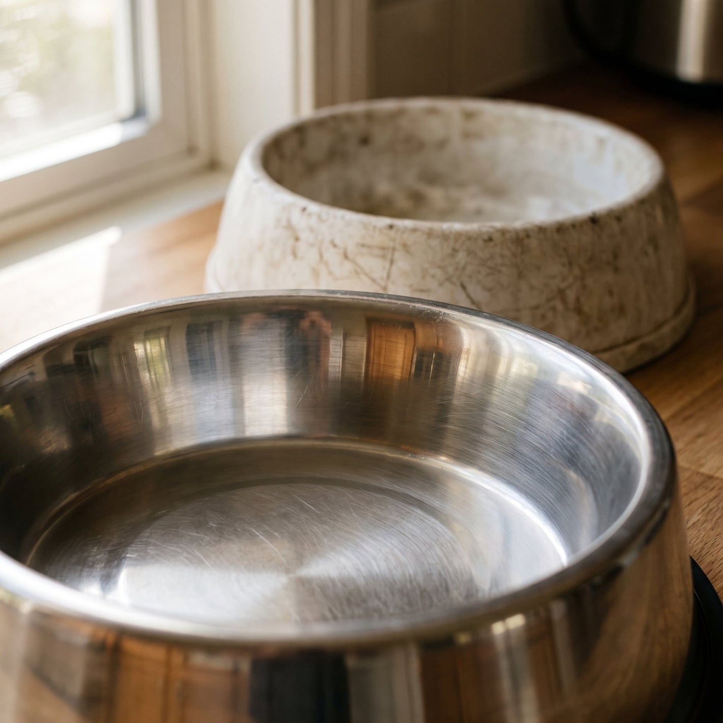 Clean stainless steel bowl next to a scratched plastic dog bowl