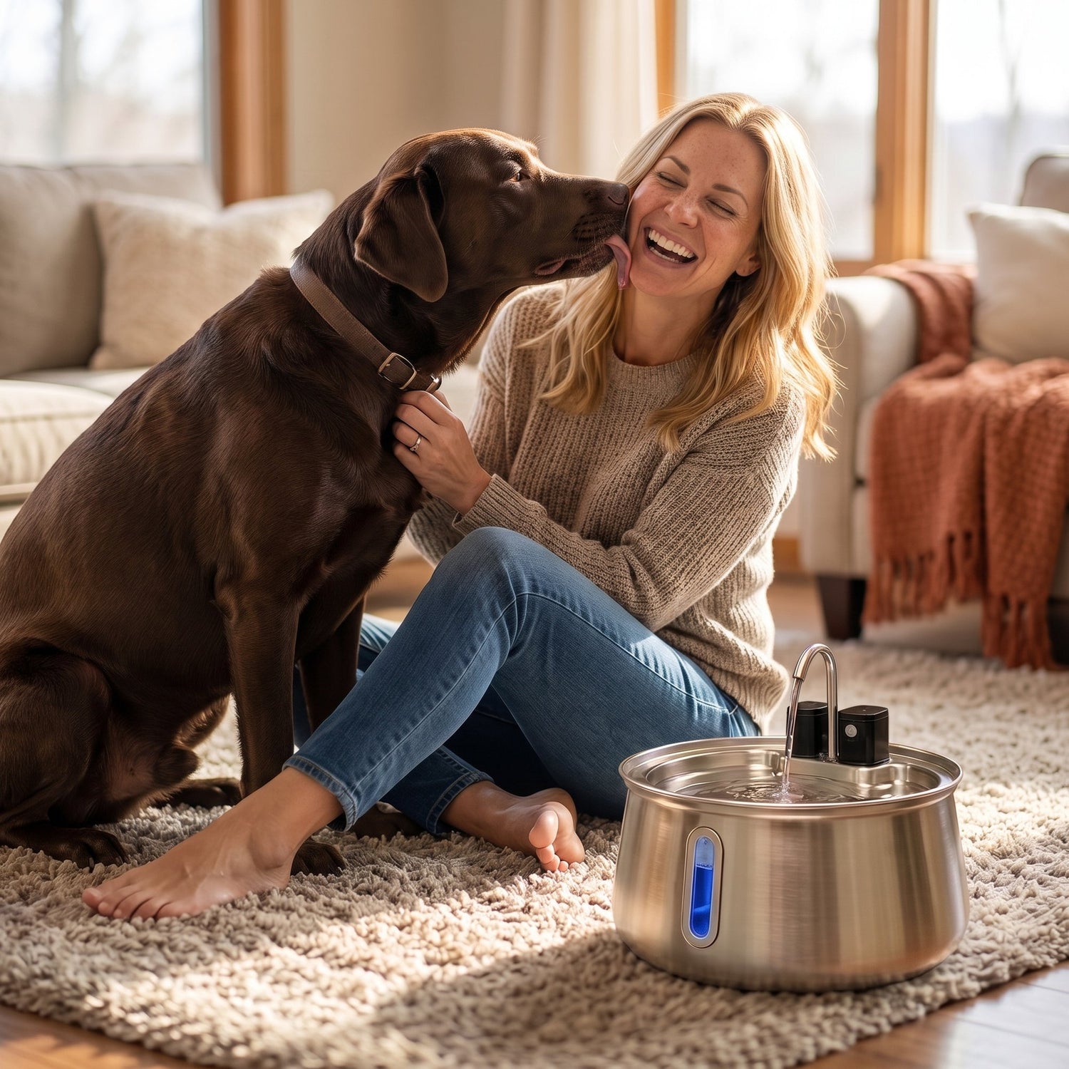 Dog licking its owner's face next to the water fountain