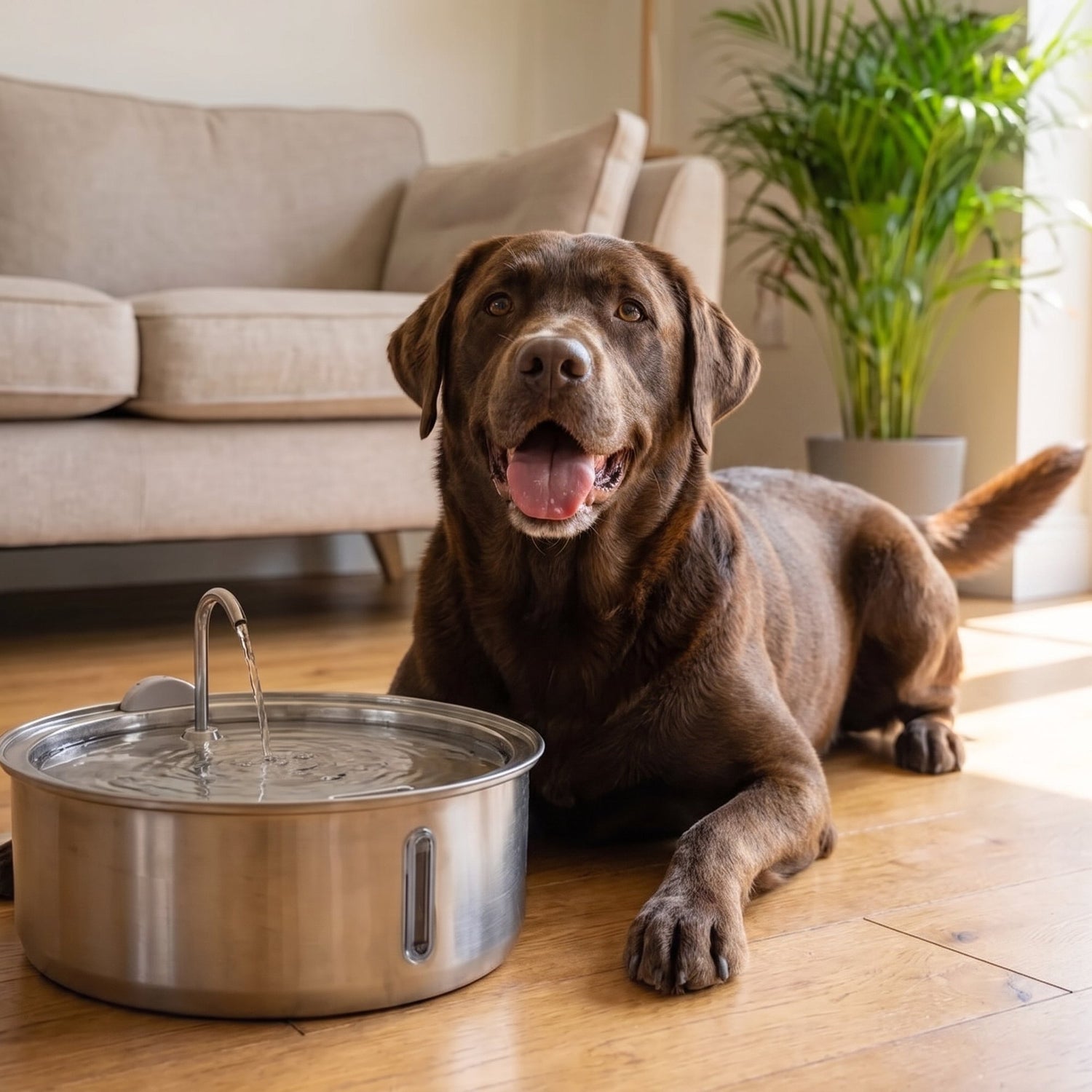 Chocolate Labrador lying next to a stainless steel dog water fountain